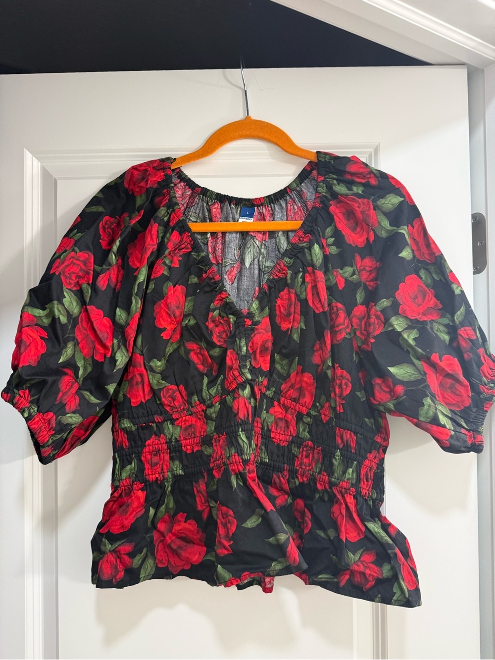 Old Navy Black Peasant Blouse with Red Rose Print